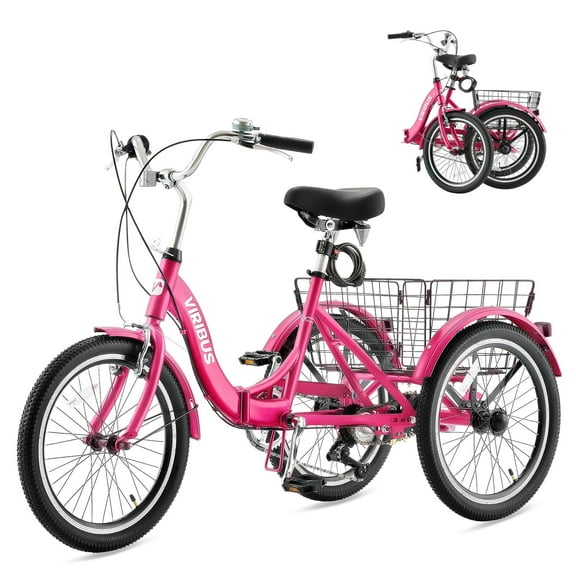 Viribus 20" Folding Adult Tricycle 7 Speed Dual Chain Folding Trike for Adults Hot Pink