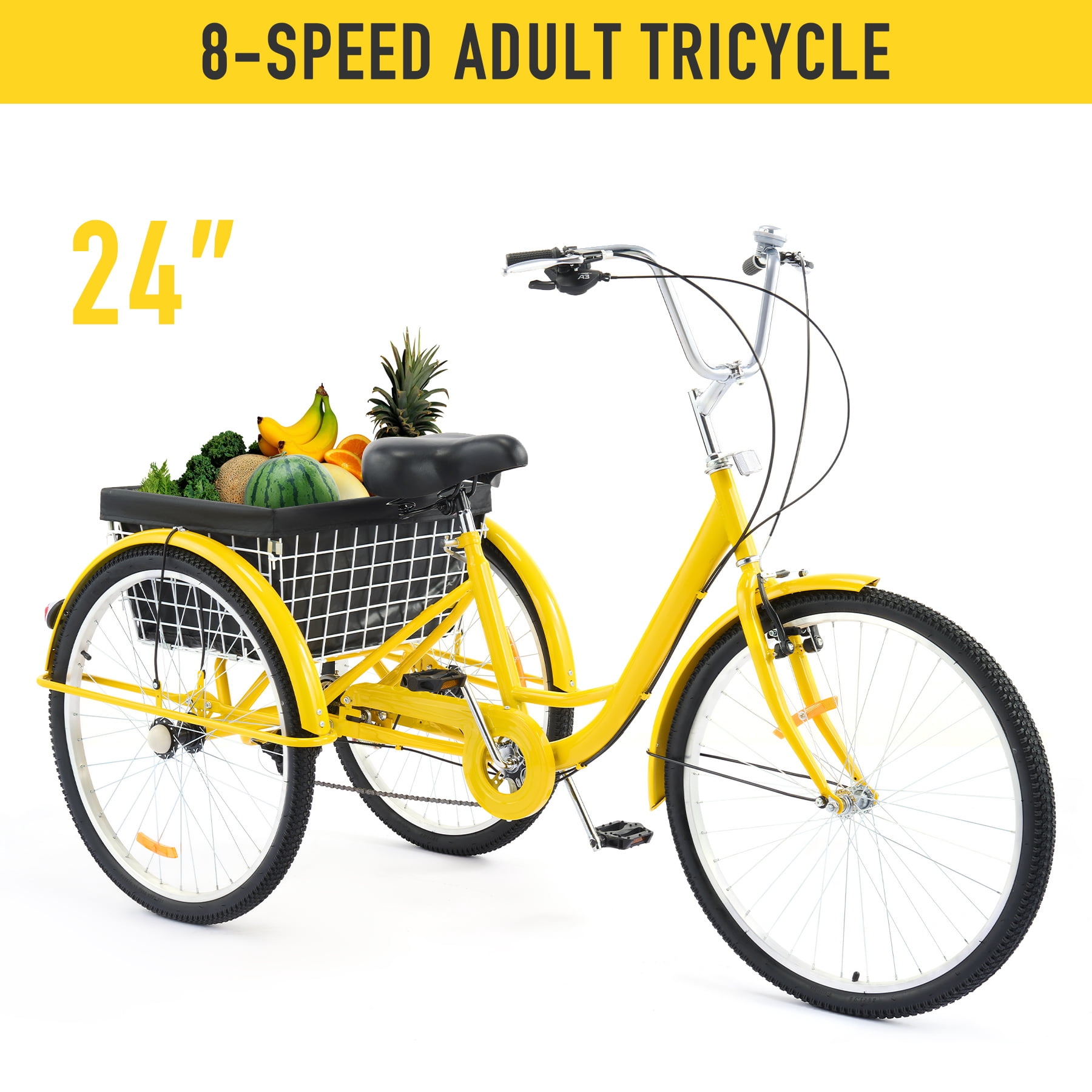Viribus 24" Adult Tricycle Exercise Bike w 8 Speed Gear Flexible Seating Basket Yellow