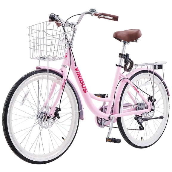 Viribus 24" Beach Cruiser Bike for Women, 7- Speed Adjustable Seat with Aluminum Frame Pink