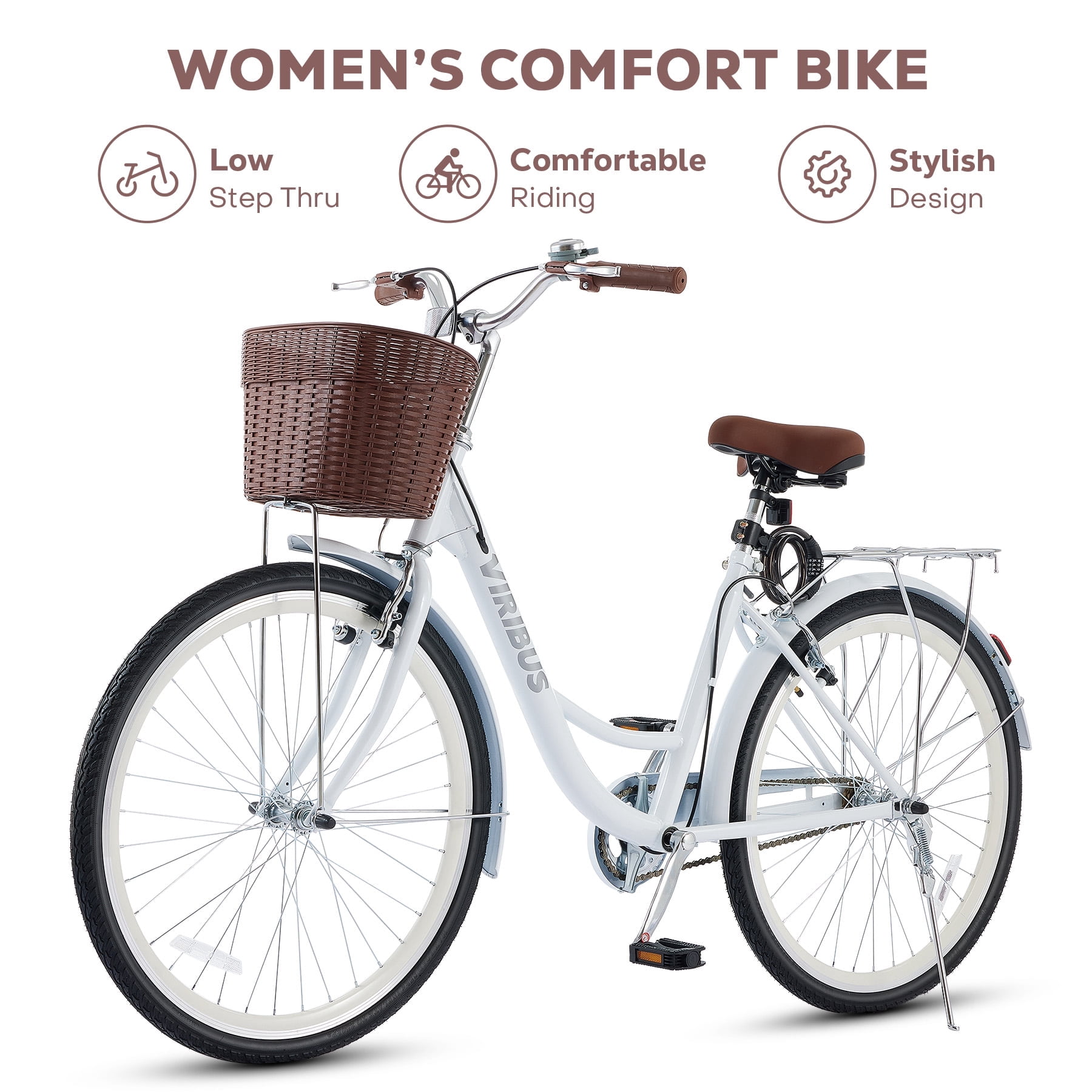 Viribus 24" City Cruiser Bicycle for Women with Carbon Steel Frame Dual V Brakes Basket for Women Adults,White