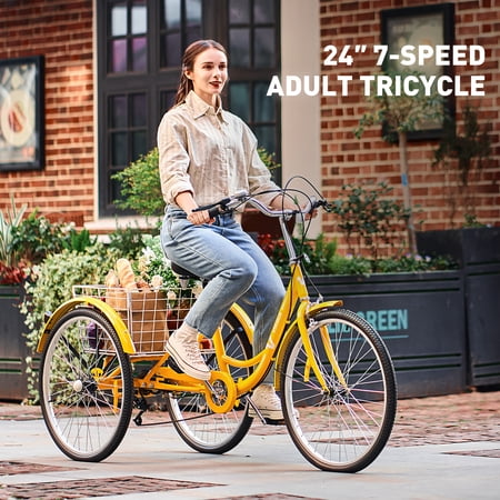 Viribus 24 Inch Adult Tricycle 7 Speed 3 Wheel Cruiser Bike Trike w Rear Basket, Yellow