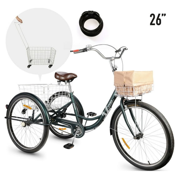 Viribus 24 Inch Adult Tricycle Single Speed 3 Wheel Cruiser Bike w Removable Wheeled Basket,Green