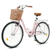 Viribus 24 Inch City Cruiser Bicycle with Carbon Steel Frame Dual V Brakes Basket, Pink