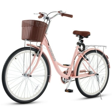 Viribus 24-inch Women's City Cruiser Bicycle with Carbon Steel Frame, Basket, and Dual V-Brakes for Women and Adults, Pink