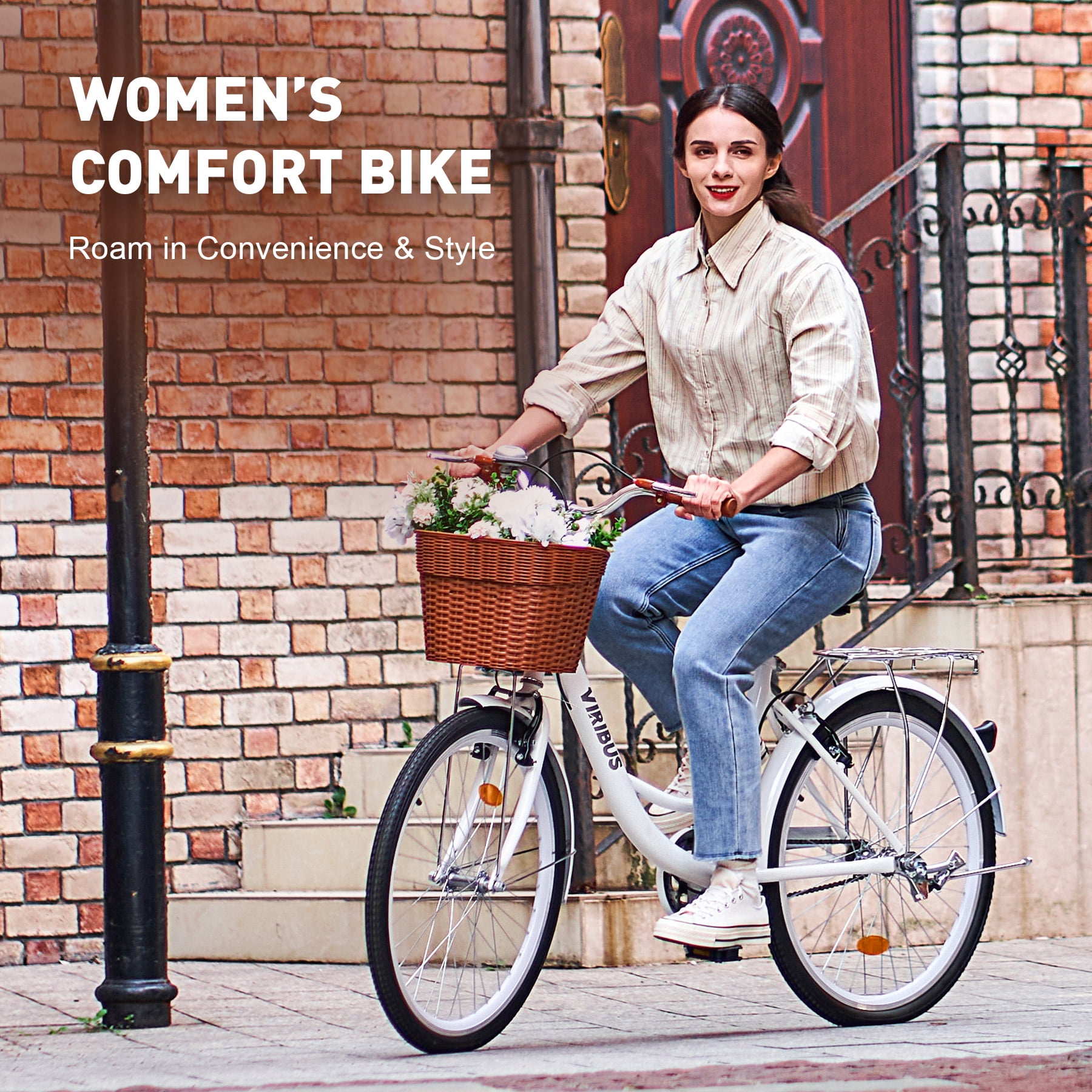 Viribus 24 Inch Step Through Comfort Bike for Women & Men with Basket