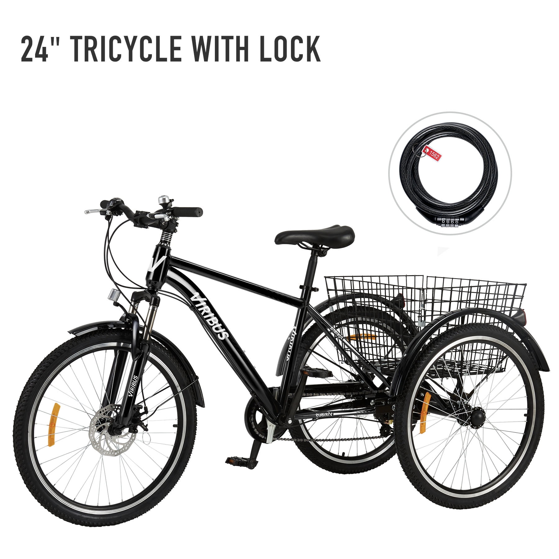 Viribus 24 inch 7 Speed Adult Tricycle with bicycle frame size 7.9in. for Men Women, Black