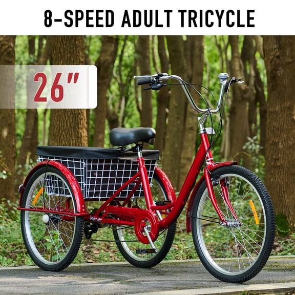 Viribus 26" Adult Tricycle Exercise Bike w 8 Speed Gear Flexible Seating Basket Red