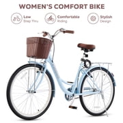 Viribus 26 City Cruiser Bicycle for Women with Carbon Steel Frame Dual V Brakes Basket for Women Adults,Blue