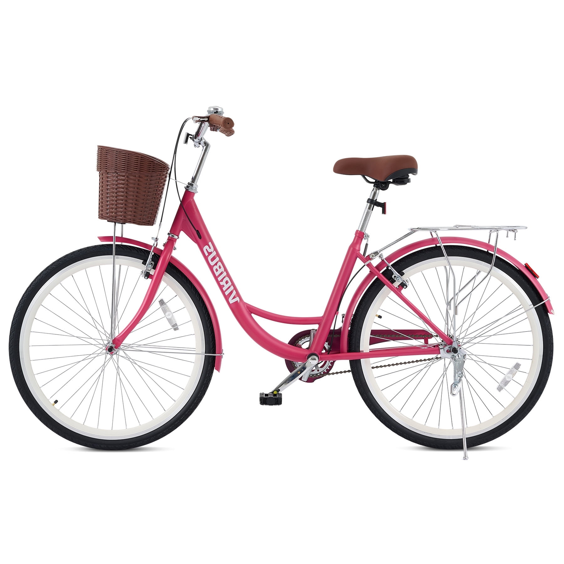 Viribus 26" City Cruiser Bicycle with Carbon Steel Frame Dual V Brakes Basket for Women Adults,Rose Pink