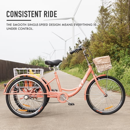 Viribus 26 Inch Single Speed Adult Tricycle,3 Wheel Cruiser Bike with Removable Wheeled Basket, Hybrid Beach Trike for Men & Women, Pink