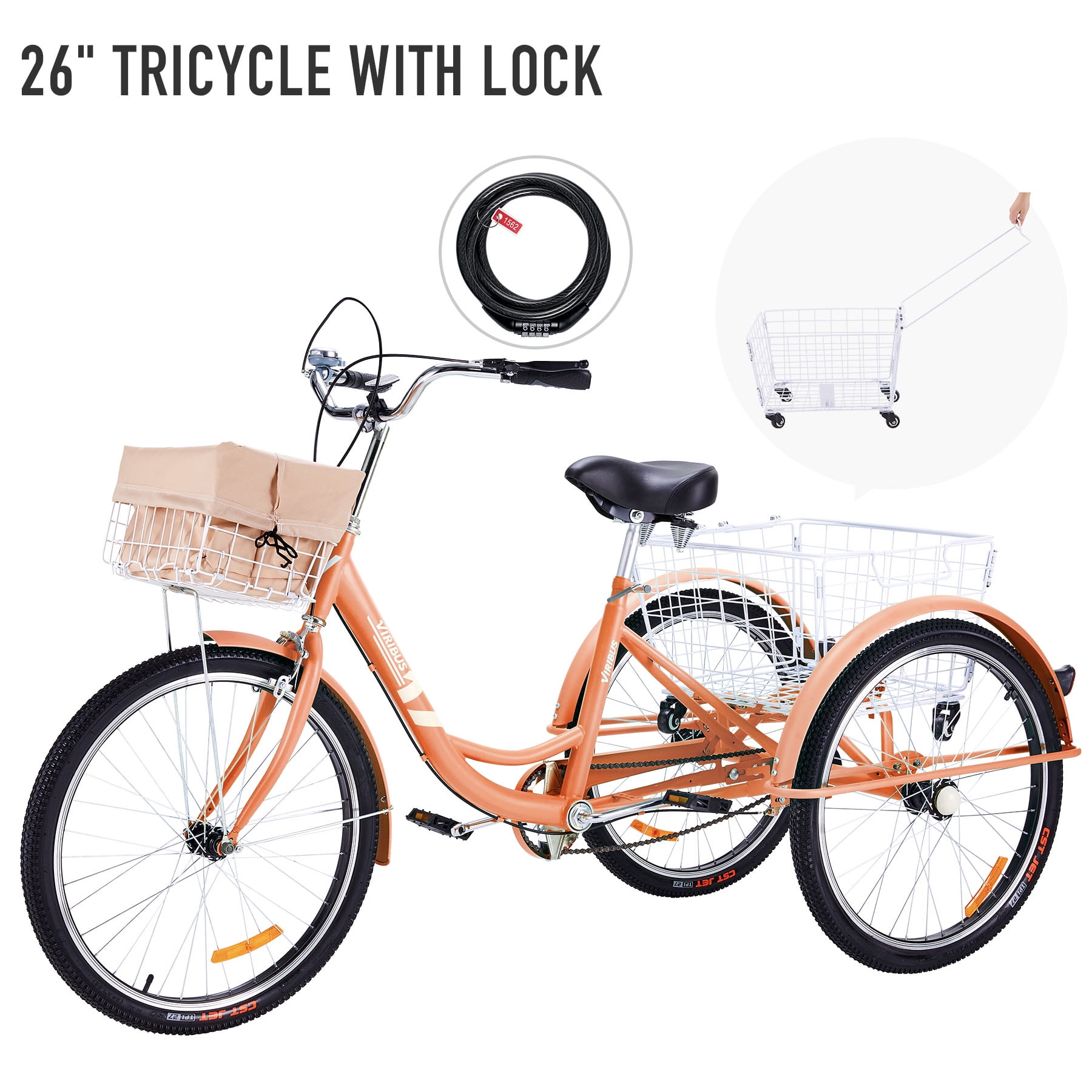 Viribus 26 Inch Single Speed Adult Tricycle 3 Wheels Cruiser Bike with Removable Wheeled Basket Dustproof Bag Lights Bell for Cycling Shopping