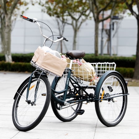 Viribus Adult 24" Adjustable Seat Tricycle with Front & Rear Basket, Green