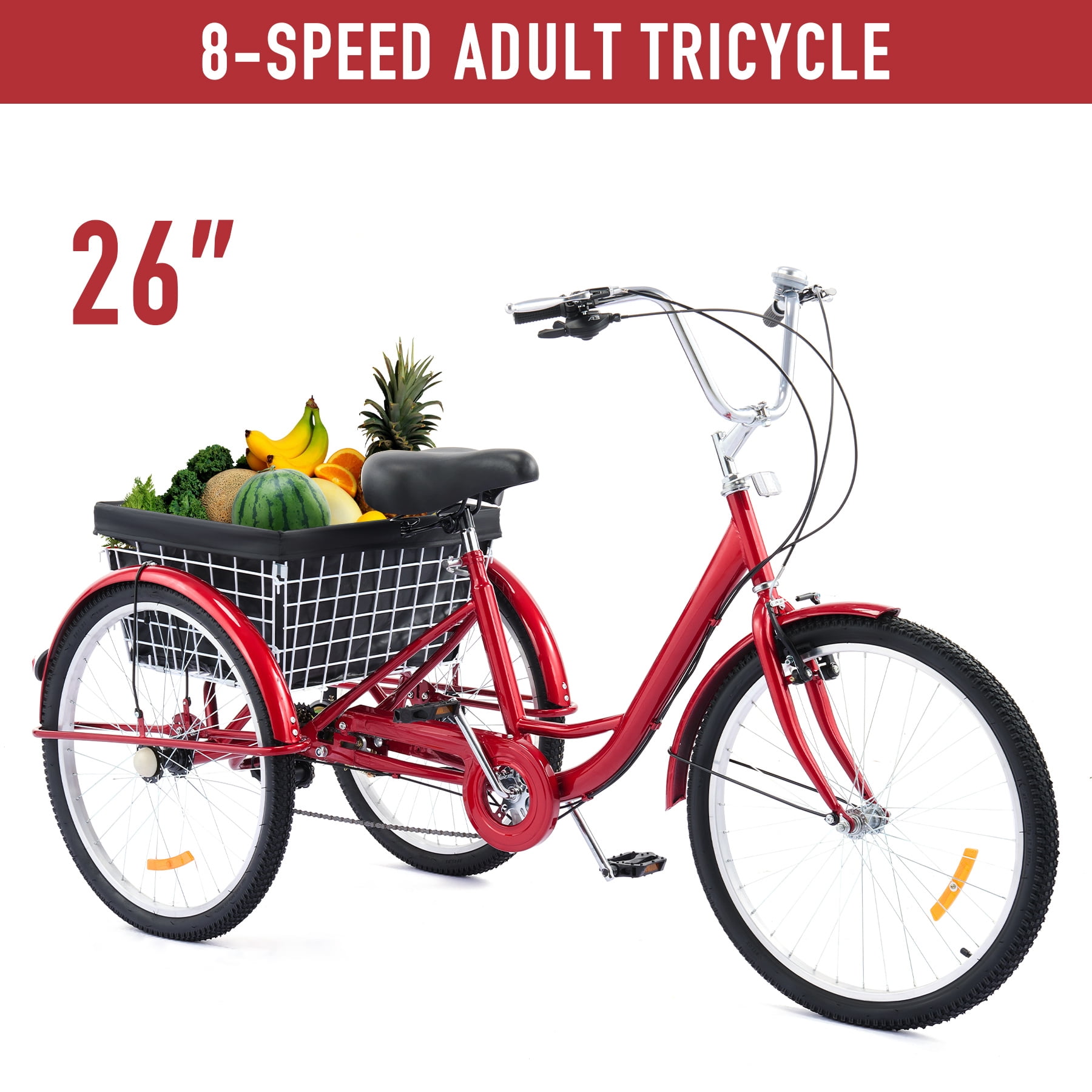 Viribus Adult Tricycle 26 Inch 3 Wheel Bike with 8 Speeds Flexible Seating Basket Red
