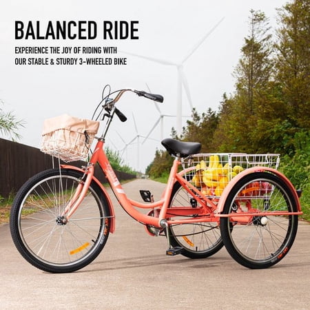 Viribus Adult Tricycle 26Inch 1 Speed 3 Wheel Cruiser Bike for Shopping, Pink