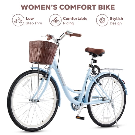 Viribus Women's Comfort Bike 26 Inch Beach & City Cruiser Bicycle with Basket Rack Blue