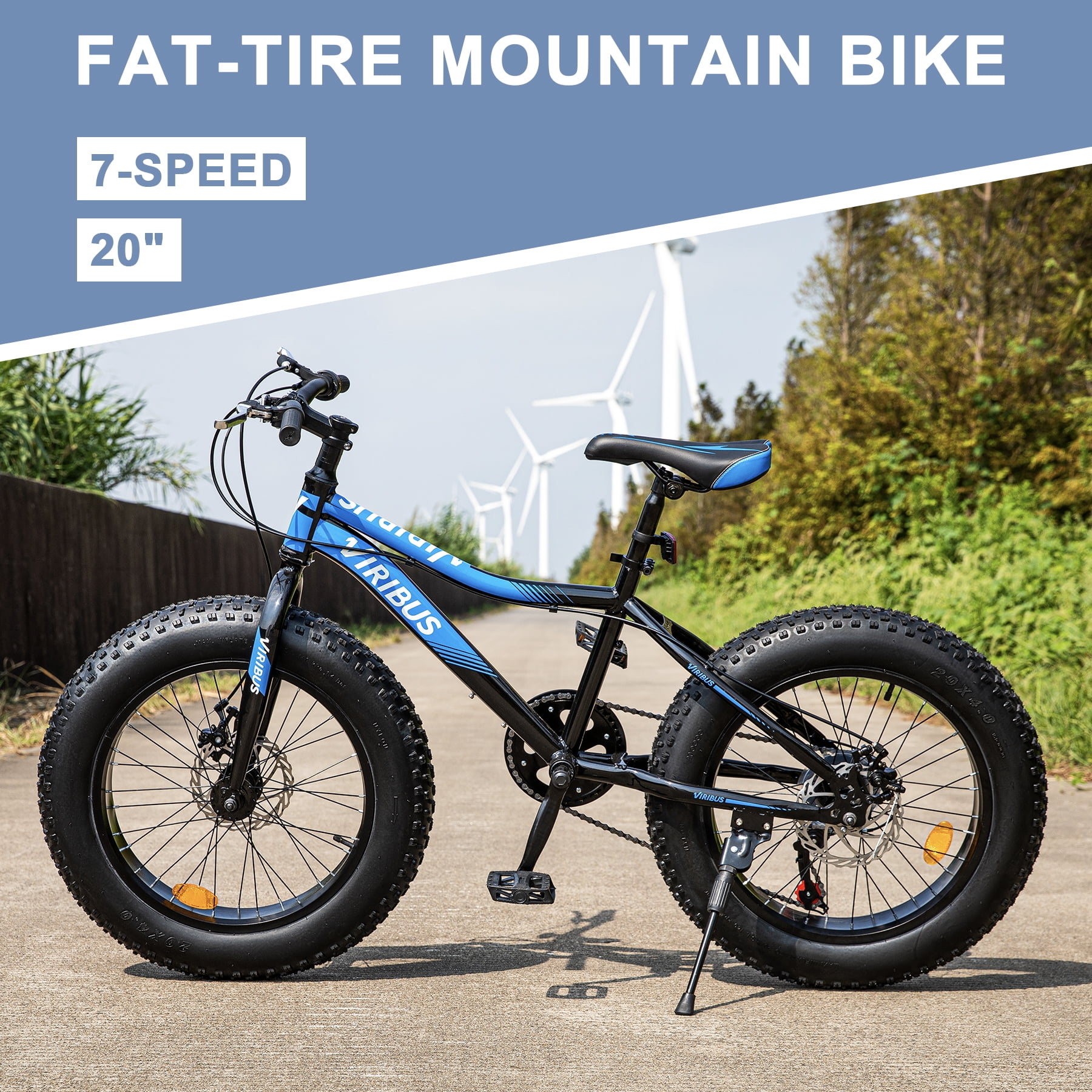 Viribus Fat Tire Mountain Bike 20 In. 7-Speed with Dual Disc Brakes for Kid's, Blue