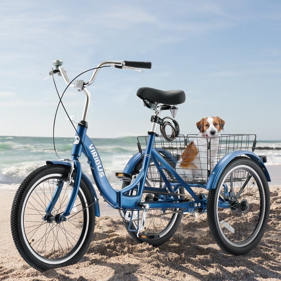 Viribus Folding Adult Tricycle, 20 Inch Cruiser Trike with Rear Basket for Men Senior Women Blue
