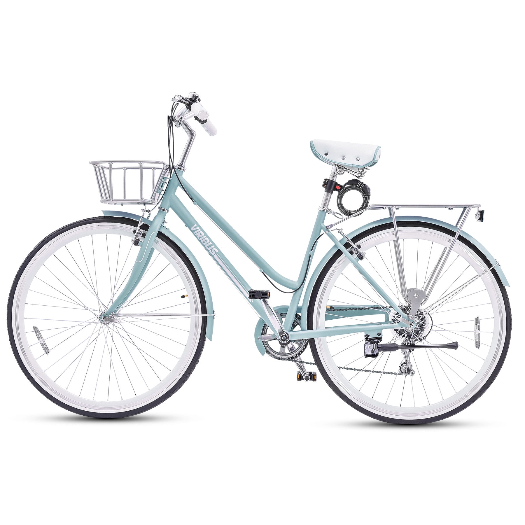 Viribus Hybrid Bike, 700c City Commute Cruiser Bike with 7 Speed Drivetrain 28" Wheel Step Through Frame Front Basket Rear Cargo Rack Dual V Brakes,Mint