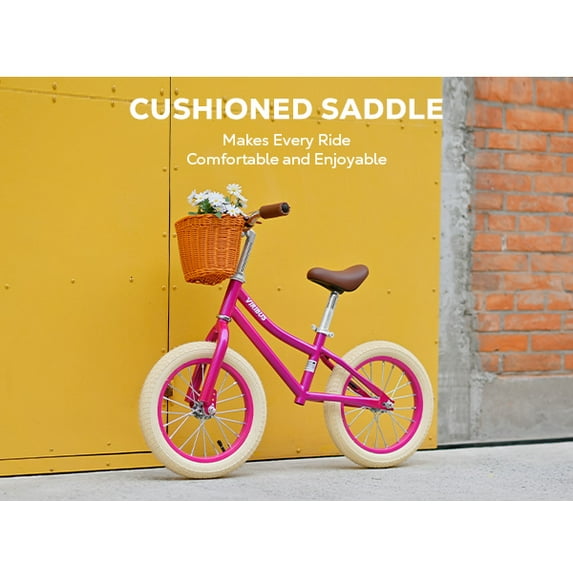 Virius 14” Balance Bike for Kids 3-7, No Pedals, Adjustable Height, Rattan Basket, Dark Pink