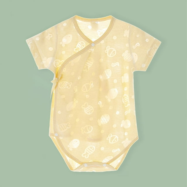 Virmaxy (0-24 months) Baby Solid Color Short Sleeve Romper Baby Lapel Triangle Wrap Butt Climbing Clothes Newborn Summer Lightweight Comfortable Short Climbing Huggies Yellow-4 3 Months