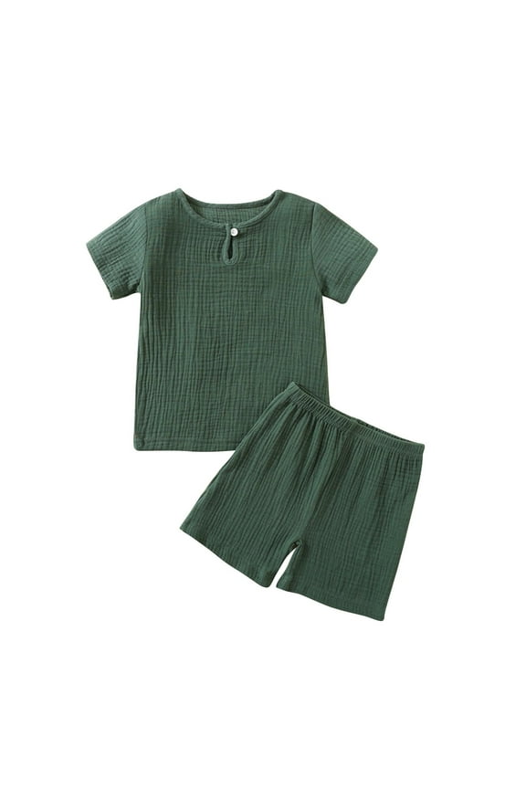 0-4T Children's Suit New Summer Crepe Gauze Solid Colour T Shirt Short Sleeve Shorts Two Piece Set Multi-colour Style Army Green 2T