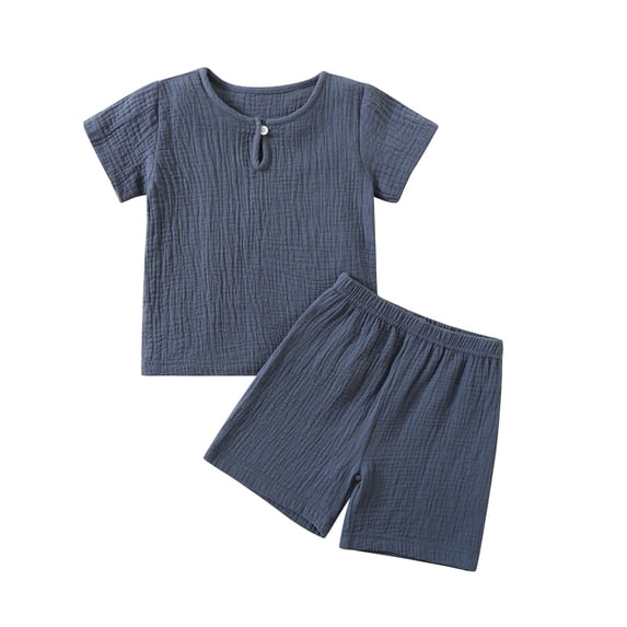 Virmaxy 0-4T Children's Suit New Summer Crepe Gauze Solid Colour T Shirt Short Sleeve Shorts Two Piece Set Multi-colour Style Navy 1T