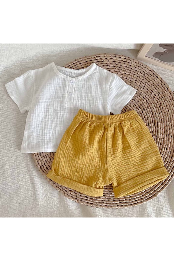 0-4T Children's Suit New Summer Crepe Gauze Solid Colour T Shirt Short Sleeve Shorts With Pockets Two Piece Set Multi-colour Style Yellow 4T