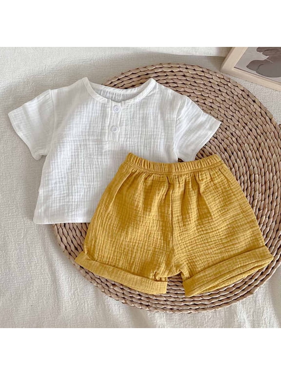 0-4T Children's Suit New Summer Crepe Gauze Solid Colour T Shirt Short Sleeve Shorts With Pockets Two Piece Set Multi-colour Style Yellow 4T