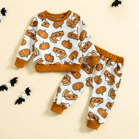 Virmaxy 0-4T Toddler Sweatshirt Set Boys Girls Thanksgiving Pumpkin Printed Top Long Sleeve Pullover Sweatshirt Sweatpants Fashion Casual Two Piece Set Brown 6-9 Months