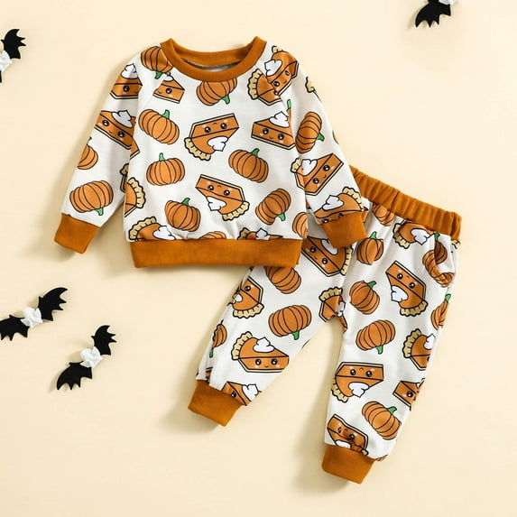 Virmaxy 0-4T Toddler Sweatshirt Set Boys Girls Thanksgiving Pumpkin Printed Top Long Sleeve Pullover Sweatshirt Sweatpants Fashion Casual Two Piece Set Brown 3T