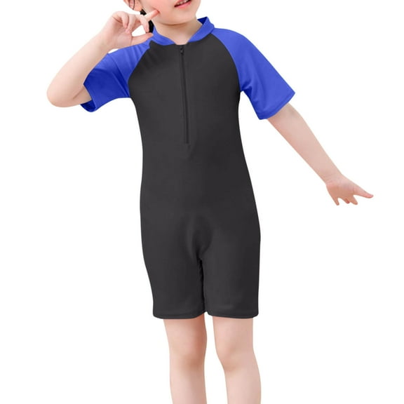 Virmaxy 1-7Y Kids Solid One-Piece Swimsuit Toddler Quick-Dry Color Contrast Design Tankini Round Neck Short Sleeve Swimsuit for Swim Lessons Beach Play Blue-1 1 Years