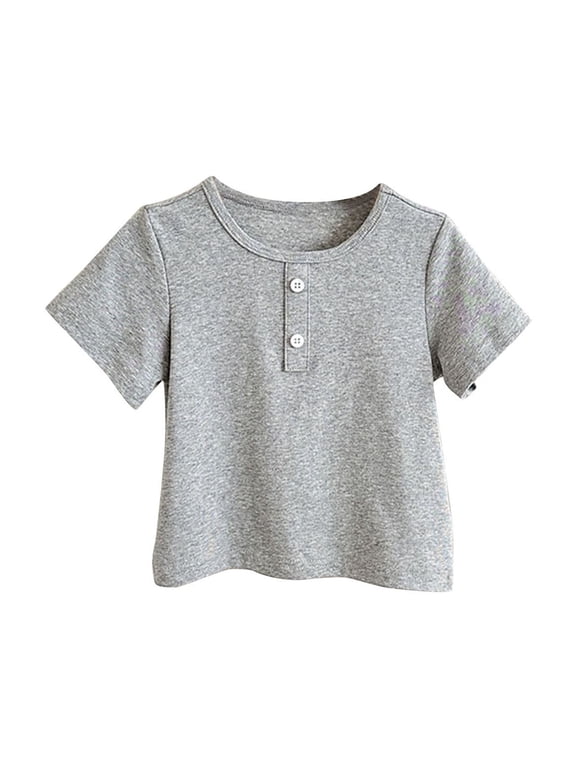 (12Months-9Years) Boys Girls Fashion Casual Solid Color T-shirt Toddler Button Short Sleeve Round Neck Top Summer Casual Trend Pullover Shirt Gray 4 Years