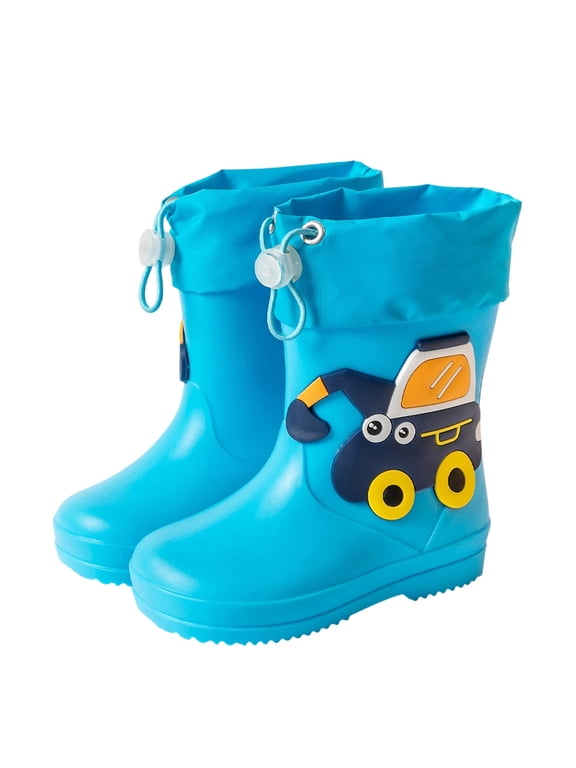 18M-9Y Kids Rain Boots Cute 3D Cartoon Excavator Appliqué Mid Calf Rain Boots Adjustable Drawstring Cuff Antislip Serrated Outsole Rain Boots for Outdoor Casual Vacation
