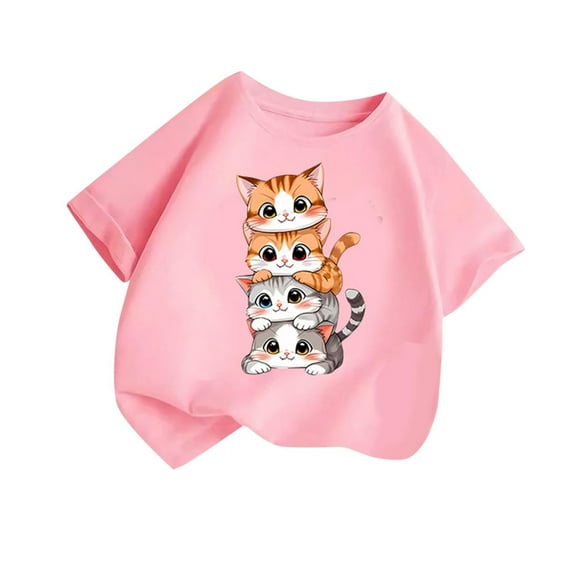 Virmaxy (2-14y) Kids Boys Girls Cute Cat Printed Shirt Unisex Toddler Round Neck Blouses Tops 2025 Summer Cotton Loose Fit Crewneck Blouses Tops Pink-3 2 Years
