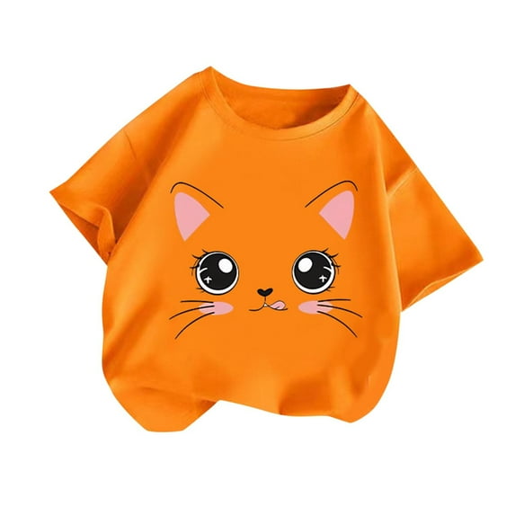 Virmaxy (2-14y) Kids Boys Girls Round Neck T-Shirt Unisex Toddler Cute Cat Printed Blouses Tops 2025 Summer Cotton Loose Fit Crewneck Blouses Tops Orange-1 140