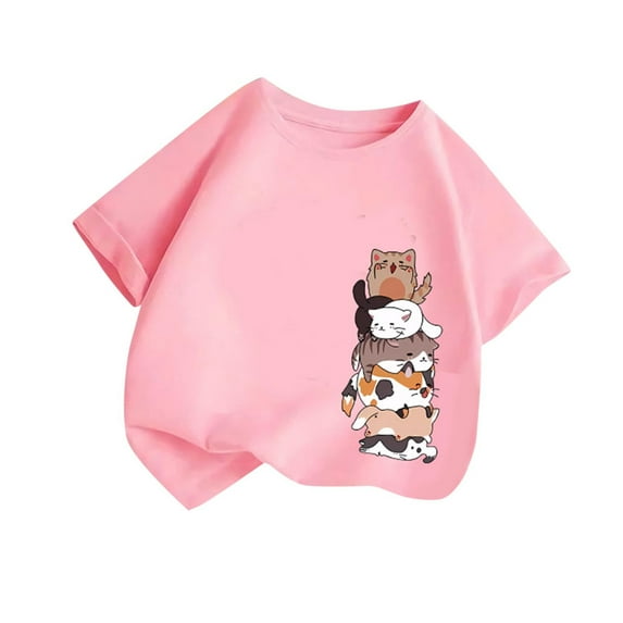 Virmaxy (2-14y) Kids Boys Girls Round Neck T-Shirt Unisex Toddler Cute Cat Printed Blouses Tops 2025 Summer Cotton Loose Fit Crewneck Blouses Tops Pink-3 130