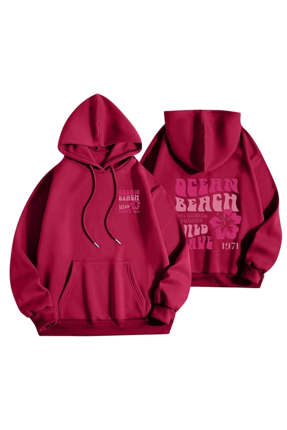 2024 Fall Hoodies for Women Long Sleeve Letter Preppy Casual Graphic Hooded Sweatshirt Drawstring Pullover Cute Tops Hot Pink-1 XL