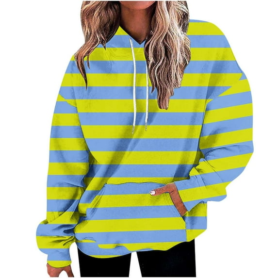 Virmaxy 2024 Fall Women's Striped Hoodies Long Sleeve Zip Up Hooded Sweatshirt Jacket with Pockets Fashion Casual Loose Streetwear Green-3 S