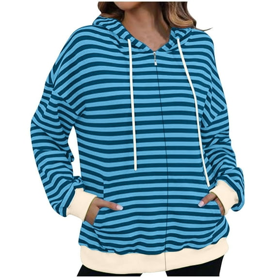 Virmaxy 2024 Fall Women's Striped Hoodies Long Sleeve Zip Up Hooded Sweatshirt Jacket with Pockets Fashion Casual Loose Streetwear Sky Blue-1 XL