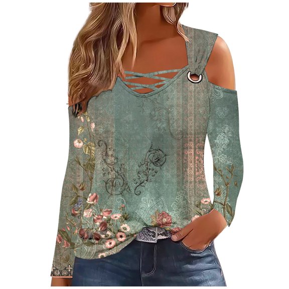 Virmaxy 2024 Trendy Summer Tank Tops for Women Oversized Cross Design Neck Tee Off Shoulder Geometric Printed Long Sleeved Top V Neck O Ring Dressy Blouse Army Green-1 M