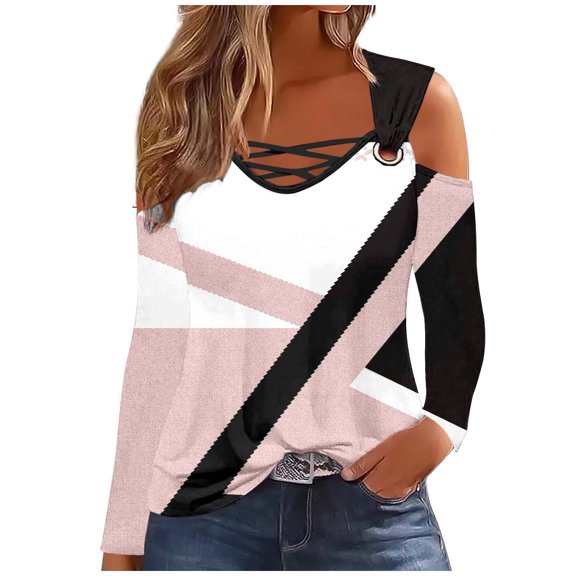 Virmaxy 2024 Trendy Summer Tank Tops for Women Oversized Cross Design Neck Tee Off Shoulder Geometric Printed Long Sleeved Top V Neck O Ring Dressy Blouse Pink-2 XXL