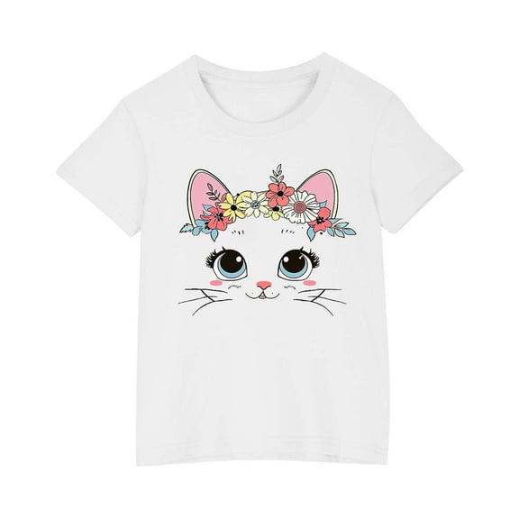 Virmaxy (3-10 Years) Toddler Baby Cute Printed Shirt Boys Girls Casual Short Sleeve Round Neck Cotton Top Summer Loose Casual Trend Pullover Shirt White-1 4 Years