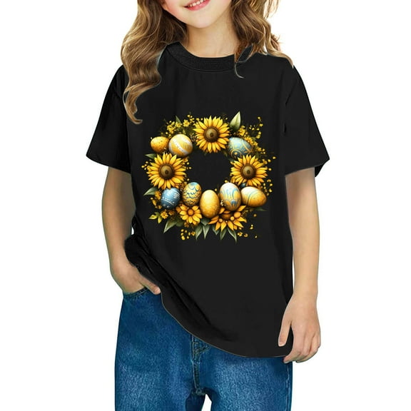 Virmaxy 3-10Yrs Children's Spring Easter Essentials Cute Bunny Print Cotton Top with Short Sleeve for School Celebrations Daily Wear Black-1 3 Years
