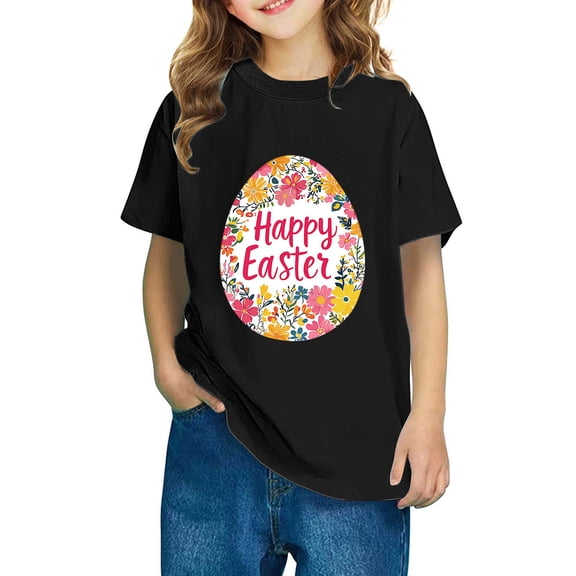 Virmaxy 3-10Yrs Children's Spring Easter Essentials Cute Bunny Print Cotton Top with Short Sleeve for School Celebrations Daily Wear Black-4 5 Years
