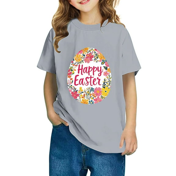 Virmaxy 3-10Yrs Children's Spring Easter Essentials Cute Bunny Print Cotton Top with Short Sleeve for School Celebrations Daily Wear Gray-4 5 Years