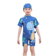 Virmaxy 3-11Y Boys Dinosaur Print Swim Set Kids Quick-Dry Short Sleeve Tankini Swimsuit with Swim Cap for Beach Adventures Blue-1 5 Years