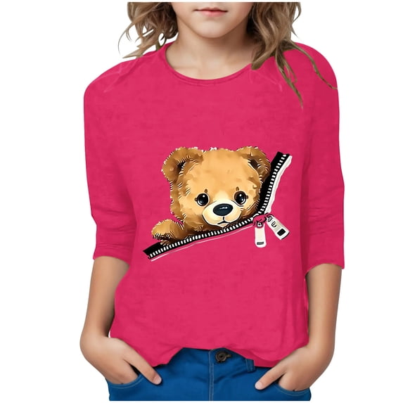 Virmaxy (3-12 Years) Boys Girls Casual Bear Printed Shirt Kids Baby 3/4 Sleeve Round Neck Top Summer Loose Trend Pullover Shirt Hot Pink 4 Years