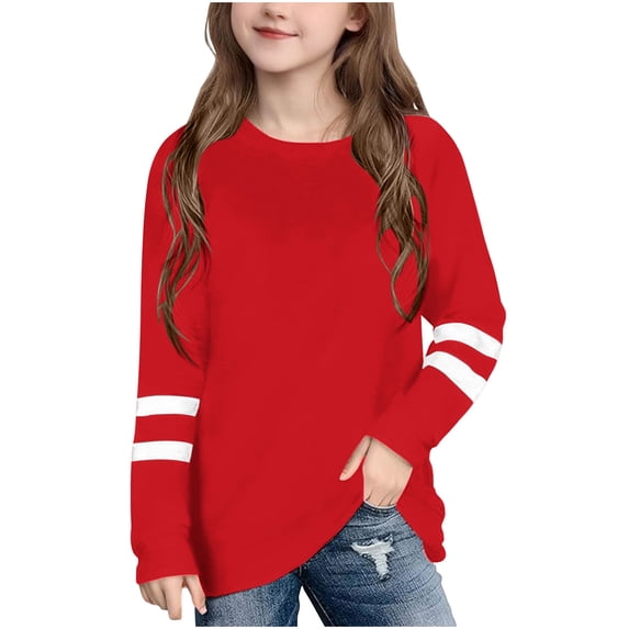 Virmaxy (3-14 Years) Boys Girls Fashion Striped Printed Tops Children's Loose Breathable Long Sleeve Shirt Hugh Summer Casual Trend Pullover Shirt Red 9 Years