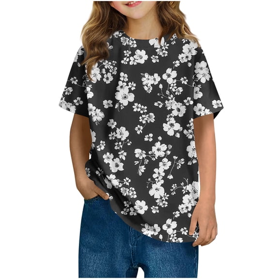 Virmaxy (3-14Years) Kids Baby Fashion Cute Printed Round Neck T-shirt Toddler Casual Short Sleeve Cotton Top Summer Loose Casual Trend Pullover Shirt Black-3 3 Years