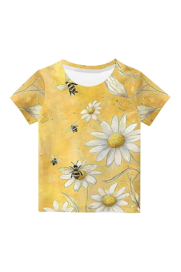 (3-14y) Toddler Kids Bee Printed Tops Boys Girls Casual Round Neck Short Sleeve Tops Summer Loose Pullover Crewneck T Shirts Yellow-4 4 Years